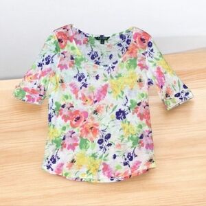 LRL 100% Linen Floral Scoop Neck Top Size Medium FLAWED